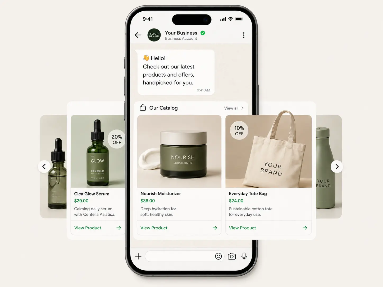 WhatsApp product catalog inside chat showing items, prices and add-to-order flow